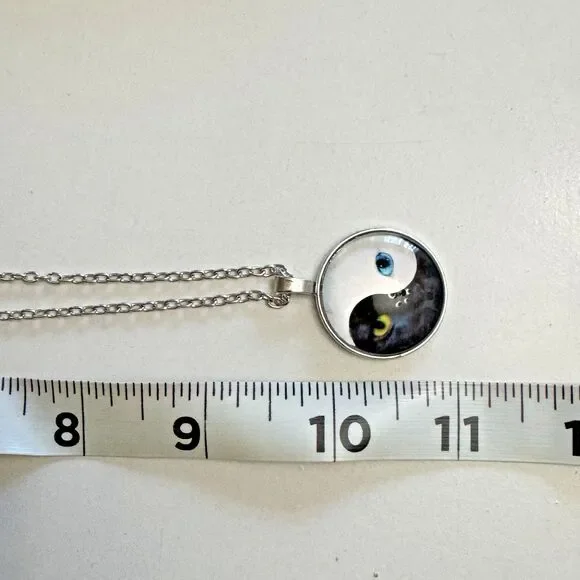 Yin Yang Cat Pendant Necklace – 20 Inches, Silver Tone Chain - Picture 2 of 7